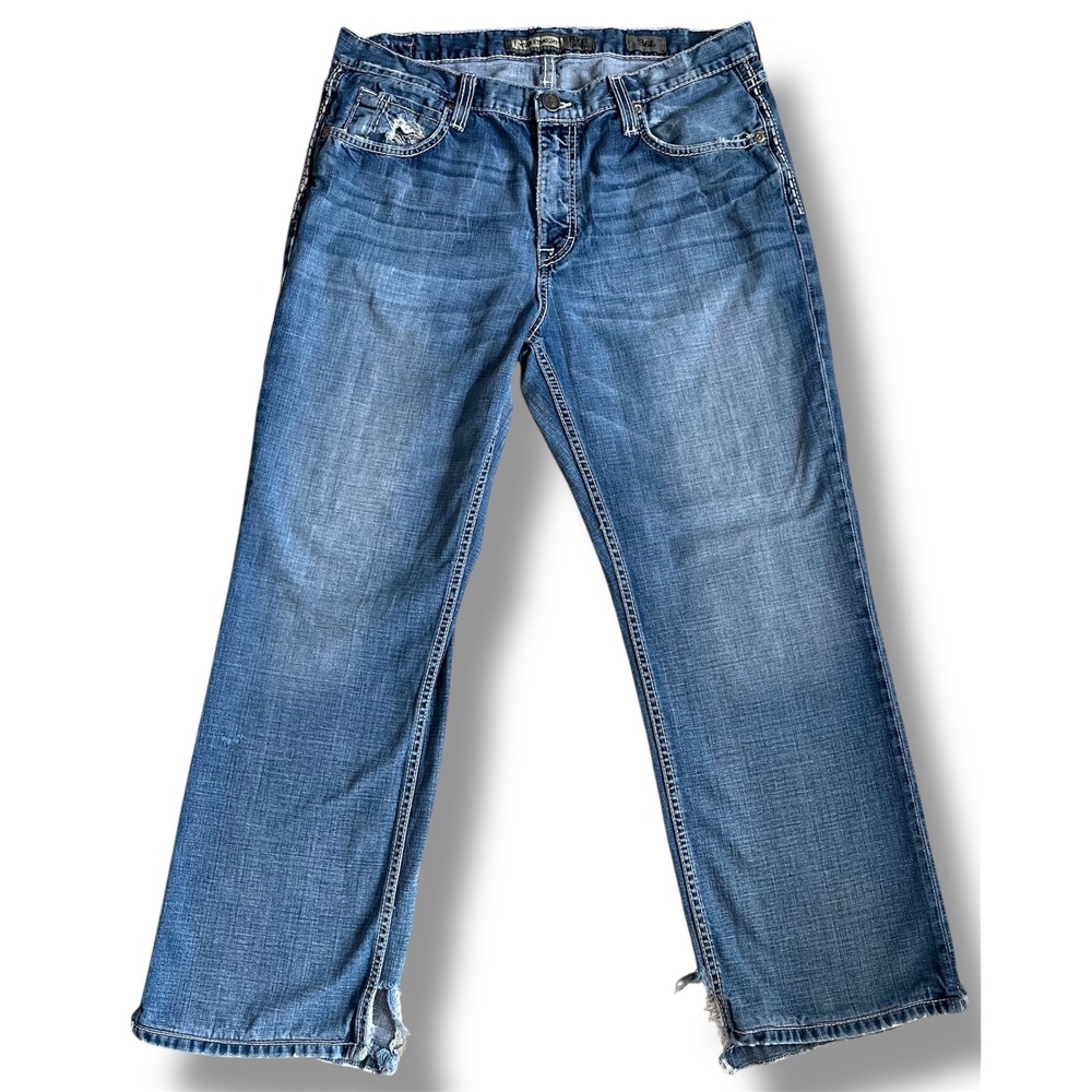BKE Tyler Straight Mens Jeans 36L Medium Wash Distressed Contrast Stitch Denim